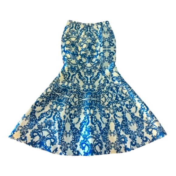 Speechless Satin Maxi Trumpet Skirt Blue/White Scroll Pattern Sz L - Picture 1 of 8